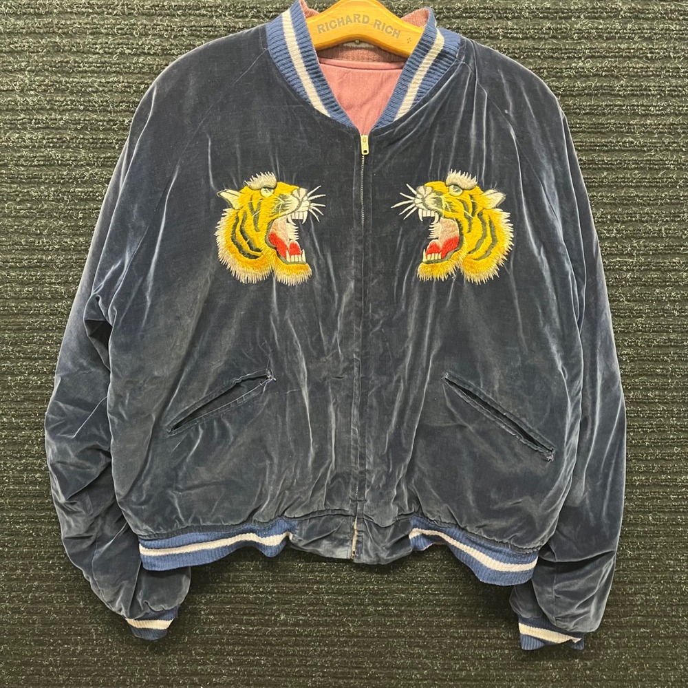 Vintage Reversible Souvenir Jacket Blue Velvet Tiger Korea Pink Satin BIG SIZE